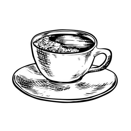 A cup of coffee, black and white vector illustration. For packaging, logos and labels. For banners, flyers, menus and posters.のイラスト素材