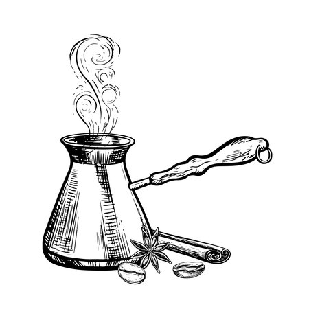 Coffee maker, coffee making facilities. Hot coffee with spices. A hand-drawn drawing, vector black-and-white illustration. For printing, menus, postcards and packages. For banners, flyers and posters.のイラスト素材