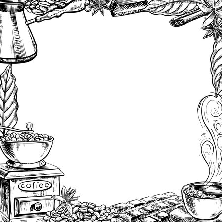 Coffee frame, cabinet with coffee grinder, Turkish coffee maker, cup of hot coffee. Vector black and white illustration, hand-drawn graphics. For printing, menus, postcards and packages. For banners.のイラスト素材