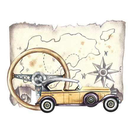 Vintage retro ocher colored car and wooden retro car steering wheel with vintage map. Watercolor illustration made by hand, isolated. For banners, flyers, posters. For prints, stickers, postcards.の写真素材