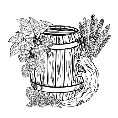 Wooden beer barrel, hops and malt, a splash of beer. Black and white vector illustration, hand-made in the style of engraving. Great for bar or restaurant menu, label, poster. For printing, packaging.のイラスト素材