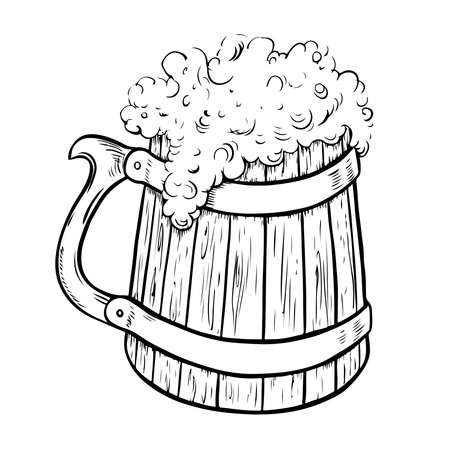 A wooden beer mug. Vintage vector engraving for web pages, posters, party invitations. A hand-drawn design element highlighted on a white background. For bar or restaurant menus, labels, posters, logoのイラスト素材