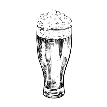 The beer mug is made of glass. Vector engraving for web pages, posters, party invitations. A hand-drawn design element highlighted on a white background. For a pub or restaurant menu, label, poster.のイラスト素材