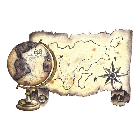 Journey. Vintage globe with an old map of the island. Handmade watercolor illustration. For banners,...