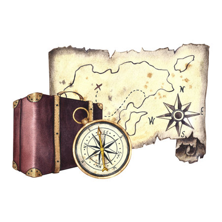 Travel and adventures. A vintage suitcase and an antique treasure map. Watercolor illustration made...