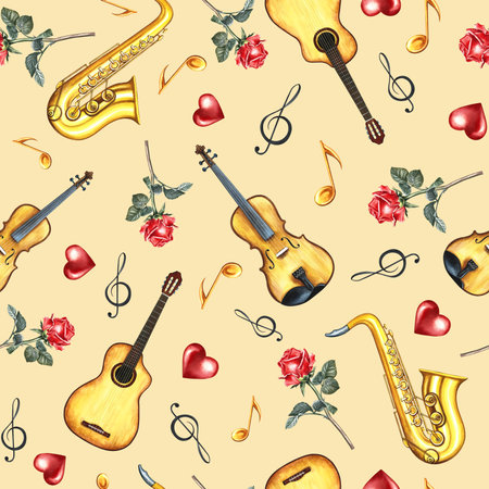 Musical seamless pattern with musical instruments, guitars, violins and saxophones. The watercolor illustration is made by hand. On a beige background. For textiles, packaging paper, printing and moreの写真素材