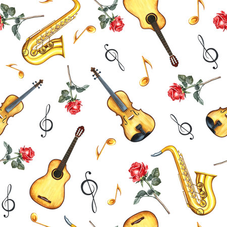 Musical seamless pattern with musical instruments, guitars, violins and saxophones, notes and colors. The watercolor illustration is made by hand. For textiles, packaging paper, printing and more.の写真素材
