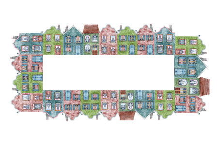 Border frame with European vintage houses. Fabulous, cute brick two-storey houses in retro style....