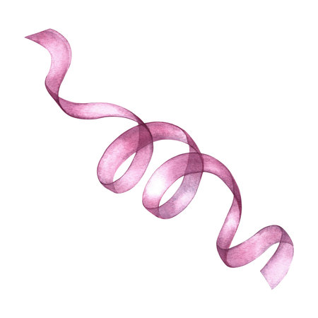 The ribbon is pink. Curly textile ribbon. An isolate of a watercolor illustration made by hand. An element of the design of invitation and greeting wedding cards in watercolor style.の写真素材