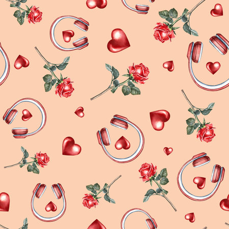 Musical romantic seamless pattern with red headphones and hearts and roses. The watercolor illustration is made by hand. On a pink background. For textiles, packaging paper, printing and more.の写真素材