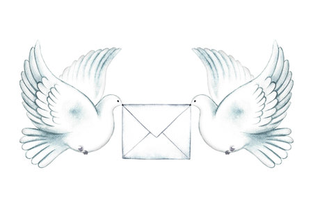 White carrier pigeons holding an envelope. A hand-drawn watercolor illustration. Isolate him. The...