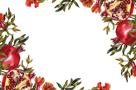Pomegranate. A frame of fruits, flowers and pomegranate leaves on branches. A watercolor illustration made by hand. For labels and packages. For postcards, flyers and posters.の写真素材