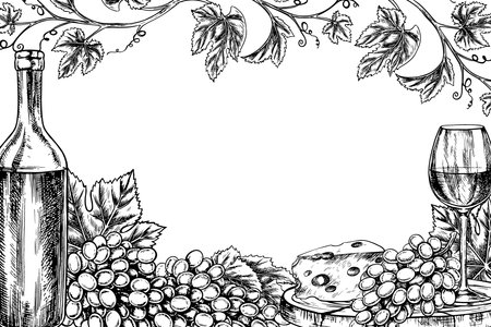A frame with wine. Bunches of grapes, a bottle and a glass of wine. Vector graphics, black and white hand-drawn illustration. On a white background. For packaging, label design. For banners, posters.のイラスト素材