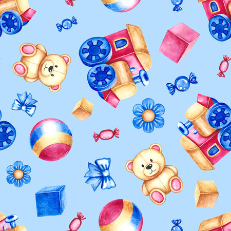 Seamless pattern with childrens toys, trains, cubes, balls and teddy bears. Handmade watercolor illustrations. On a blue background. For wrapping paper, textiles, childrens clothing, wallpaper.の写真素材