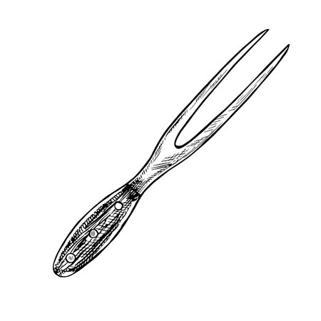 A barbecue fork. Vector graphics depicting a fork with a wooden handle. A black and white hand-drawn illustration. An element of kitchen design, recipe, menu. For posters, labels, packages.のイラスト素材