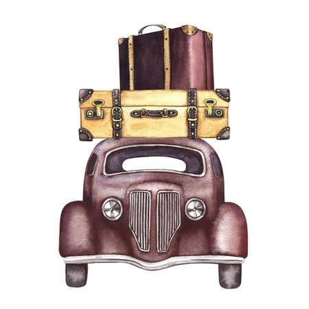 Vintage retro car with suitcases, front view. A watercolor illustration made by hand. Isolate. Traveling in a retro car. For posters, prints, stickers and postcards.の写真素材