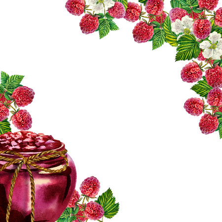 Raspberry frame and raspberry jam in a jar. Handmade watercolor illustration. Highlight it. For...