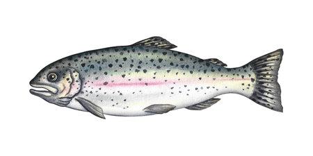 Trout fish. A hand-drawn watercolor illustration. Color image of seafood. Separate from the background. Perfect for menus, recipe books, packages, labels, invitations, and more.の写真素材