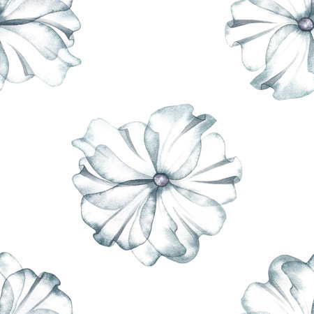 Seamless pattern with delicate white flowers and leaves. Handmade watercolor illustration. On a white background. Great for textiles, wallpaper, wrapping paper, wedding backdrops and more.の写真素材