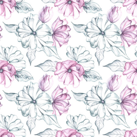 Seamless pattern with delicate pink and white flowers and leaves. Handmade watercolor illustration. On a white background. Great for textiles, wallpaper, wrapping paper, wedding, holiday backgrounds.の写真素材