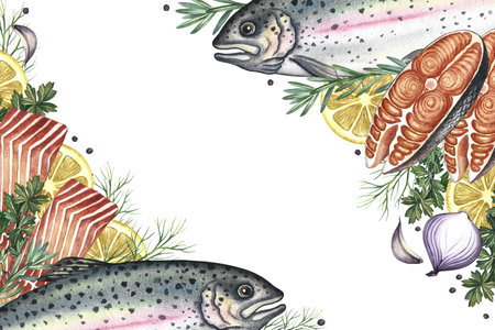 Corner frame with trout, whole and sliced, with vegetables and spices. A hand-drawn watercolor illustration. A color image of a fish dish template. On a white background. For menu, recipe, invitation.の写真素材