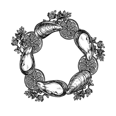 Round frame with mussels, lemon and herbs. Hand-drawn vector illustration. Black and white image of seafood. Separate from the background. Suitable for menus, recipe books, packages, labels and bannerのイラスト素材