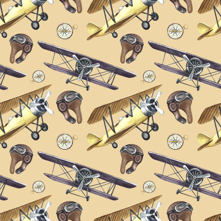 A seamless pattern of retro airplanes, pilot helmets, and navigation compasses. A hand-drawn watercolor illustration. A color image of the first vintage-style aircraft. On a light brown background.の写真素材