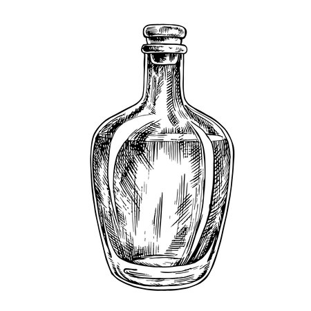 A bottle of cognac. A hand-drawn vector graphic illustration. Black and white image of an alcoholic beverage. Separate from the background. Perfect for menus, banners, flyers, packages, labels.のイラスト素材