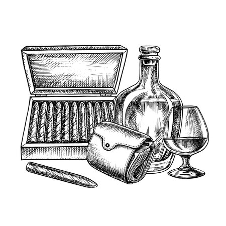 Cognac, expensive cigarettes and a purse full of money. A hand-drawn vector graphic illustration. Black and white image with a men s theme. For banners, flyers and packages, invitations, posters.のイラスト素材