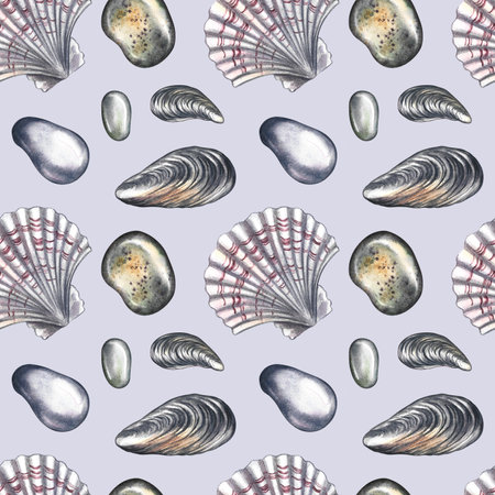 Seamless pattern with sea stones, mussels and scallops. A hand-drawn watercolor illustration. A color image of a pattern of beach elements. On a blue background. For textiles, fabrics, wrapping paper.の写真素材