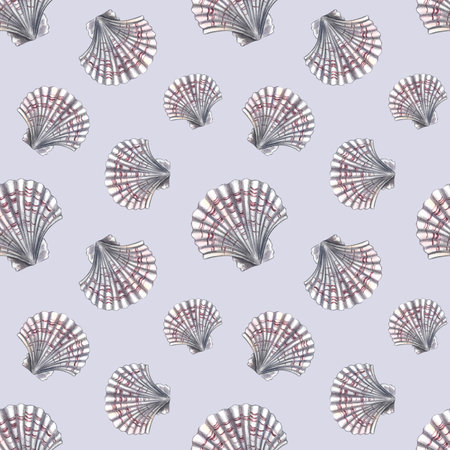 Seamless scallop pattern. A hand-drawn watercolor illustration. Color image of marine elements. On a gray-blue background. Ideal for textiles, fabrics, wrapping paper, curtains, printing and more.の写真素材