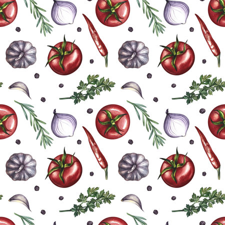 Seamless pattern with vegetables. A hand-drawn watercolor illustration. Color image of tomatoes, garlic, onions, herbs and spices. Great for textiles, kitchen decor, tablecloths, menus, packaging.の写真素材