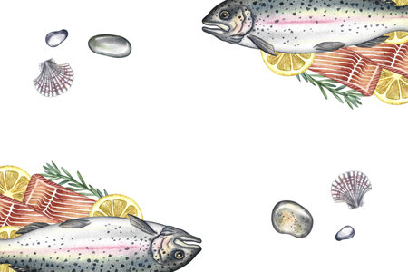 A frame with trout, lemon, greenery and marine elements. A hand-drawn watercolor illustration. A color template. For menus, recipes, packages, labels, invitation flyers and banners.の写真素材