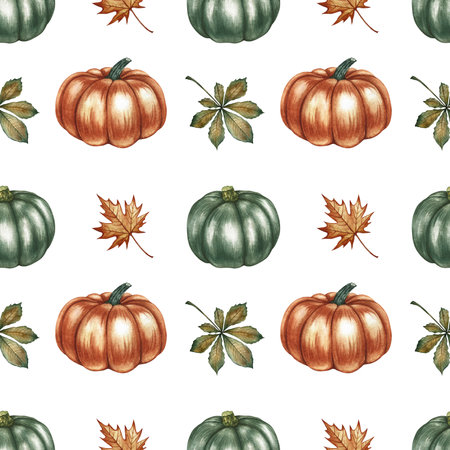 Seamless autumn pattern with pumpkins, leaves and flowers. Handmade watercolor illustration. Color image. For packaging, decor, textiles and wallpaper. As well as for printing and wrapping paper.の写真素材