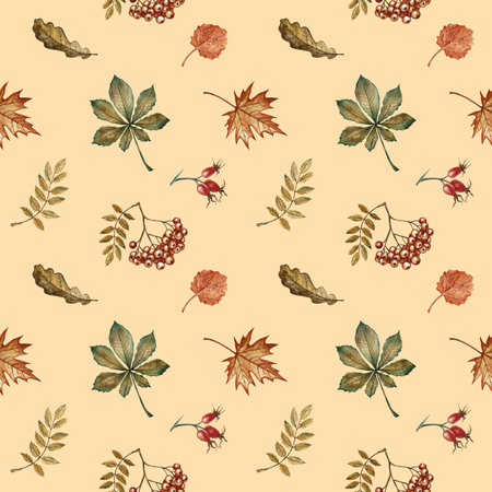 Seamless pattern with different autumn floral elements. Handmade watercolor illustration. On a colored background. Great for packaging, decor, textiles and wallpaper, for printing and wrapping paper.の写真素材