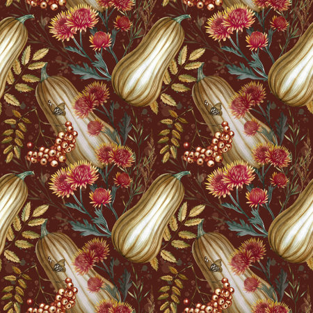 Seamless autumn pattern with pumpkins, flowers and mountain ash. Handmade watercolor illustration. A color image on a dark background. For packaging, decor, textiles, printing and wrapping paper.の写真素材