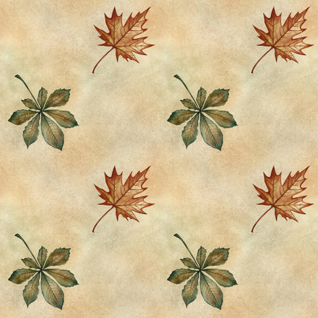 Seamless pattern with autumn chestnut and maple leaves on a watercolor background. Handmade watercolor illustration. For packaging, decor, textiles and wallpaper, printing, wrapping paper, backgroundsの写真素材