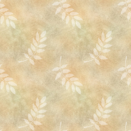 Seamless pattern with watercolor artistic background and light silhouettes of mountain ash leaves. Vintage style. Hand-drawn watercolor illustration. Texture for postcards, flyers, posters.の写真素材