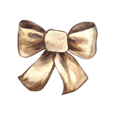 Ribbon bow. Hand-drawn watercolor illustration. Highlight it. Simple brown bow. Element for decorating greeting and invitation cards. For decor and textiles, flyers and posters, as well as packaging.の写真素材