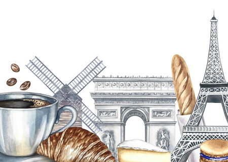 A frame with images of Parisian landmarks and food. Hand-drawn watercolor illustration. Baguette, cheese, croissant, almond biscuit and cup of coffee, Eiffel Tower, Arc de Triomphe, and a mill.の写真素材
