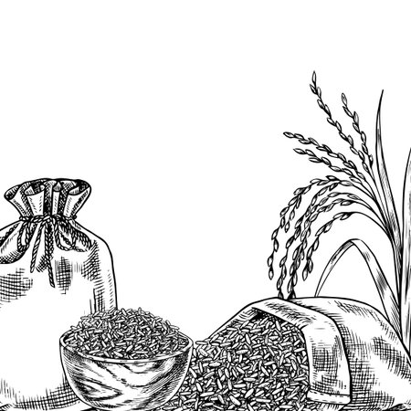 Frame - border with burlap bags and a wooden bowl with rice. Black and white graphics, vector illustrations. Design element for menus, recipes, and cookbooks. For banners, flyers, packaging, and labelのイラスト素材