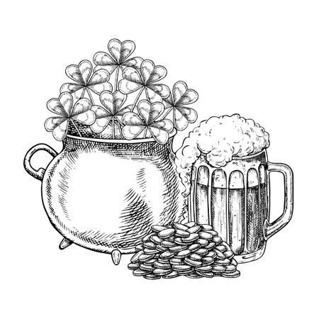 Cast iron pot with a shamrock, a pile of coins, and a mug of beer for St. Patrick s Day. Vector, black and white graphic illustration. For greeting cards, banners and flyers, packaging, invitations.のイラスト素材