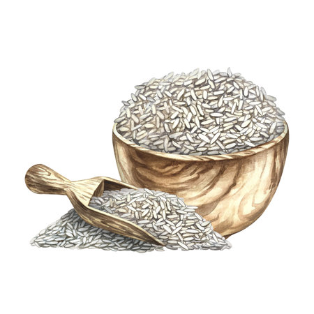 Rice in a wooden bowl, next to a wooden rice scoop. Hand-drawn watercolor illustration. Element of menu design, recipes, and cookbooks. For banners, flyers, packaging, labels, and more.の写真素材