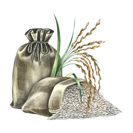 Closed and open burlap bags for rice with a rice spike next to them. Hand-drawn watercolor illustration. Element of menu design, recipes, and cookbooks. For banners, flyers, packaging, labels and moreの写真素材