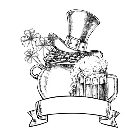 Composition for St. Patrick s Day. Cauldron with coins and a top hat, a shamrock, and beer. Hand-drawn black and white graphic illustration. For greeting cards, packaging, invitations, holiday decor.のイラスト素材