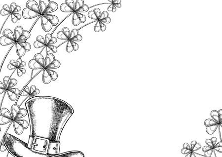 Frame for St. Patrick s Day. Vector, black and white graphic illustration. Cylinder with a leprechaun and a clover leaf. For greeting cards, banners and flyers, packaging, invitations, festive decor.のイラスト素材