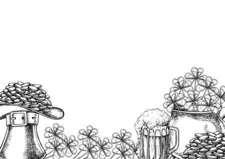 St. Patrick s Day frame. Hand-drawn black and white graphic illustration. Pot, leprechaun hat filled with coins, clover, and mug of beer. For greeting cards, banners, invitations, and more.のイラスト素材