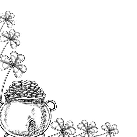 St. Patrick s Day frame. Vector, black and white graphic illustration. A pot filled with coins and clover leaves. For greeting cards, banners and flyers, packaging, invitations, and festive decor.のイラスト素材