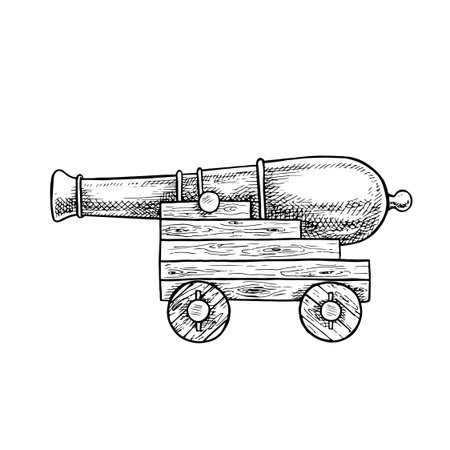 An old pirate ship cannon. Black and white graphics, vector illustration. Hand-drawn. A ship cannon on a wooden carriage, medieval era. For decorating children s games and celebrations.のイラスト素材