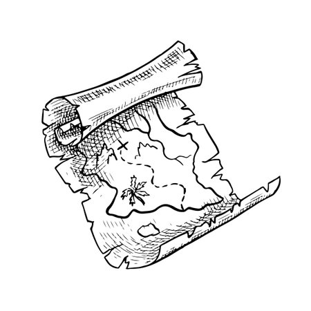 Vintage map, Treasure Island. Black and white graphics, vector illustrations, hand-drawn. For children s games and holidays. For stickers, invitation cards, posters and banners, packaging, and more.のイラスト素材